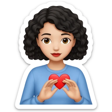 chica de cabello negro, corto y ondulado, haciendo un corazón con la mano, estilo emoji de iPhone, gesto simpático sticker