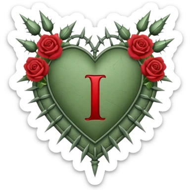 Can you make a sage green heart with a gothic design, I want roses and spikes around the heart. In the middle of the heart the letter I sticker