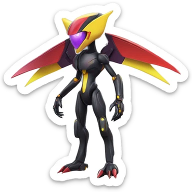 a shiny black-purple-red-yellow Genesect-Flygon-Raptor-Fakémon-Medabot-hybrid with a futuristic visor-helmet full body sticker