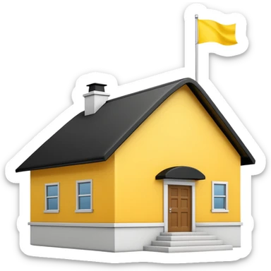 simple school, white background, magic school, black roof, with a big flag, big flag on a roof, big yellow flag, white school sticker