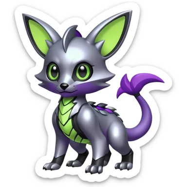 Futuristic modern Cute cool shiny metallic alloy silver-grey-black-obsidian purple neon-green white lime animal hybrid Fakemon full body sticker