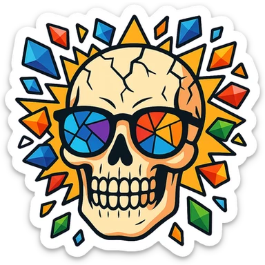 Enhance the skull with mosaic eyewear, making the head explosion more detailed and vivid in a cartoonish style with vibrant toon aesthetics. sticker