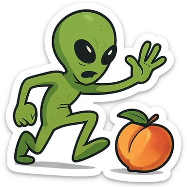 funny green alien with a raised hand, about to smack a peach, dynamic pose sticker
