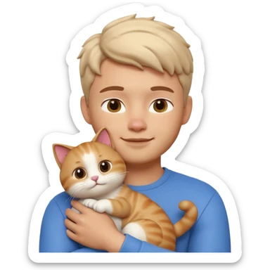 "Apple Memoji style 3D character, a young man person gently petting and hugging a cute fluffy cat, peaceful and happy facial expressions, soft studio lighting, clean 3D clay render, vibrant colors, minimalist aesthetic, high detail, high resolution, isolated on a plain white background." sticker