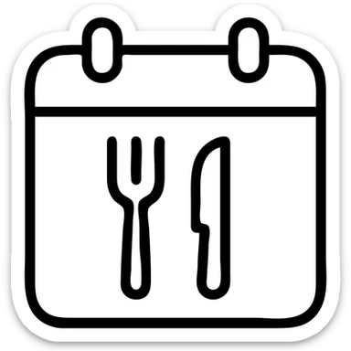 minimalistic bold black-and-white icon, square, flat, no gradients, calendar with a fork and knife in the lower half, clean geometric lines, modern, inspired by Netflix and Lifesum, vector style, suitable for dark and light mode sticker
