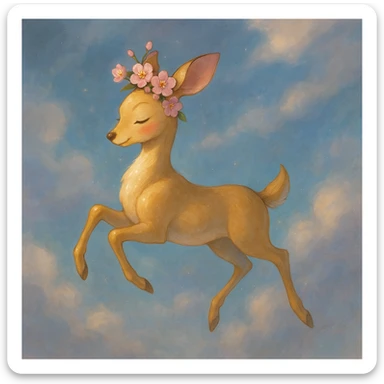 Enhance this feminine adult vanilla cloud doe with rosy cheeks and cherry flowers, floating gracefully in a dreamy Ghibli-Pixar style. Make the colors richer, the lines softer, and the cherry flowers more detailed. Add a magical glow and elegant highlights, keeping the look whimsical and refined. sticker