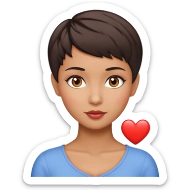 woman pixie cut dark brown hair, tan skin, brown eyes, heart shaped face sticker