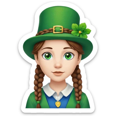 Girl with brown hair in braids and blue eyes wearing a green leprechaun hay sticker