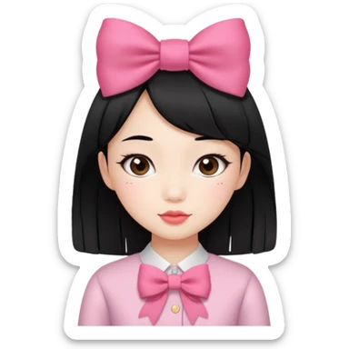 Asian girl with straight black hair and coquette bow on hair sticker