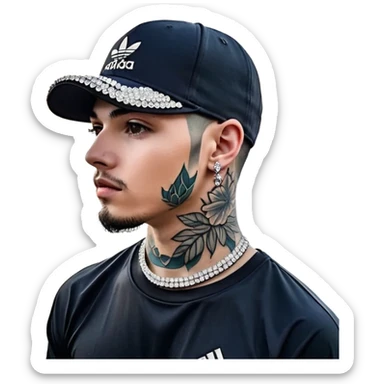 🥷🏻 crea un emojin de como el que está ay pero con gorra marca adida y un collar de diamantes ponle tatuaje en la cara y en la boca ponle brazos qué sea onbre y que se parezca ah este emojin🥷🏻🥷🏻🥷🏻 hombre sticker