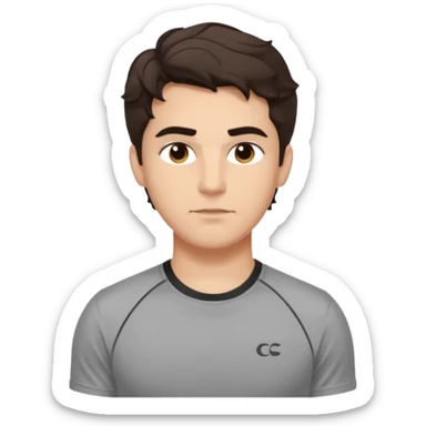 He’s a man with light to medium skin, a defined oval face, full brows, deep-set eyes, and wavy short dark brown tall hair styled with height, sides are trimmed. expression calm and focused relaxed gym training shirt. polished, articulate, and coach vibe. personal development sticker