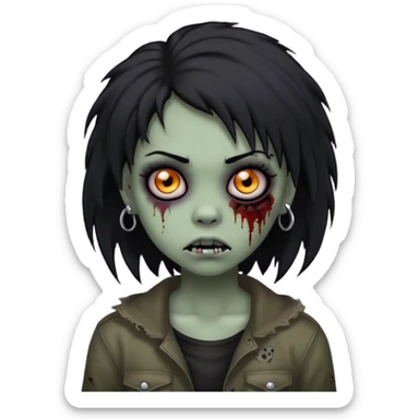 girl, zombie, black coily hair, medium long, emo, shaggy, dark, spooky, piercing on eyebrow, creepy blank expression sticker