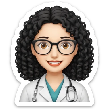 smiling doctor woman, brown eyes, white skin,  long black curly hair with glasses sticker