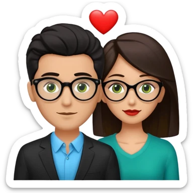 haz una pareja abrazandose, donde la mujer es de piel morena peli negra ojos cafes sin accesorios, y donde el hombre es piel blanca, pelo rubio, ojos verdes con lentes arriba de ellos haya un corazon azul sticker