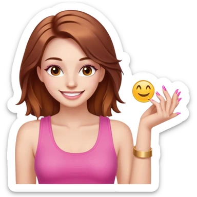 Beautiful girl smiling with long pink nails and lashes, the hair is dyed in gold and brown, wearing tank sticker