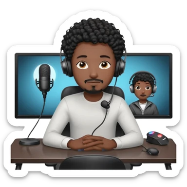 a setup of a youtuber his blach curly short hair, a thin goatee, with a desktop pc on a table, a gaming chair, microphone, ring light sticker