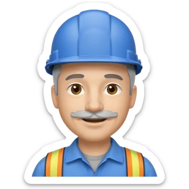 A man emoji with light skin, wearing a blue construction helmet, short gray hair on the sides, straight eyebrows, brown eyes, a small nose, and a thin short straight gray mustache above his smiling mouth. sticker