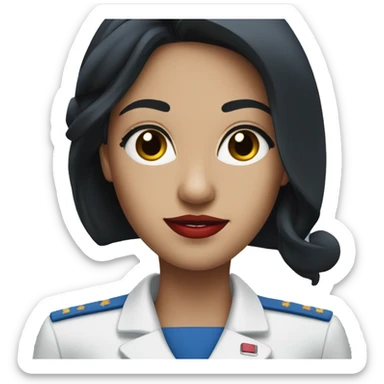 Flight attendant with long black hair, white skin, red lips and a blue uniform sticker