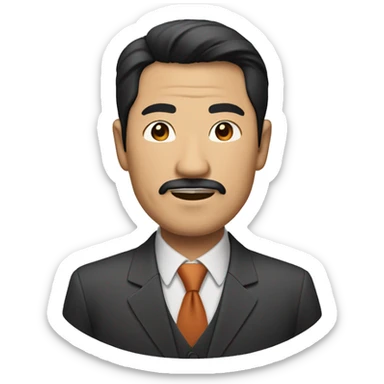 A  middle-aged  Asian  man  with  black  facial  hair,  dressed  in  a  suit. sticker