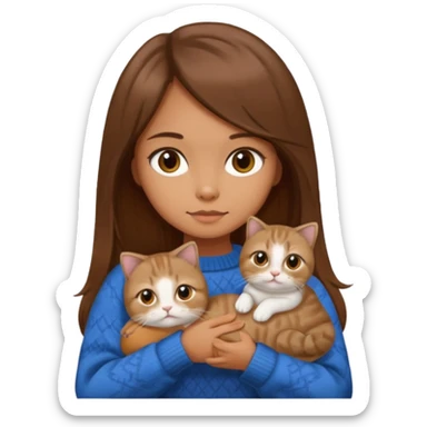 Girl with long brown hair in sweater holding a scottish fold cat emoji sticker