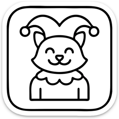 crazy cute little cat jolly joker from poker, medieval, vintage, court jester, mac os icon, purple, gold and red color, head + torso. Squared shape as 3D mac os system icon, symmetrical sticker