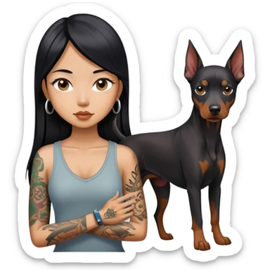 a asiatice girl with long black  straight hair and tattoos and Doberman Pinscher sticker