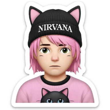 A man with a Knitted hat with black cat ears, black sweater with white lettering in the center that says "Nirvana", pink bob cut and frown with a cold look  sticker
