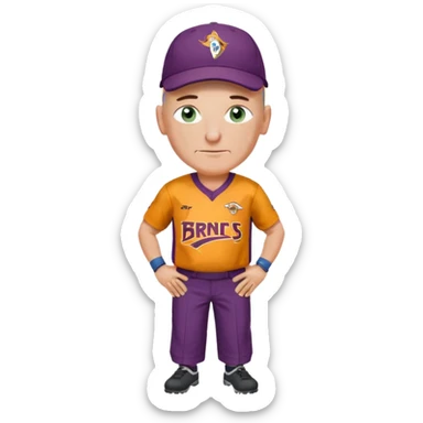 young-ish 50 year old man dressed in a brisbane broncos jersey, bald head, fair freckled skin, happy face, blueish green eyes, wearing brisbane broncos baseball style cap, picture should be down to waist, hands on hips in a player stance sticker
