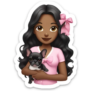 girl with long black wavy hair wearing a pink shirt holding a french bulldog wearing a white bow  sticker