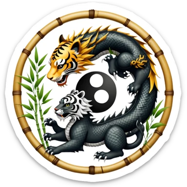 An icon symbolizing Eastern martial arts in the style of an emblem, with a black-and-white Yin-Yang symbol at the center. A dragon and a tiger are placed on either side, representing strength and wisdom. The design includes bamboo and traditional elements. Transparent background sticker