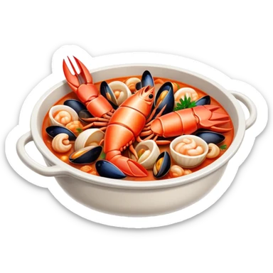 Cinematic Realistic Buzara Seafood Dish Emoji, depicted as a rustic, flavorful seafood stew with shellfish rendered with rich textures and dynamic, maritime lighting. sticker