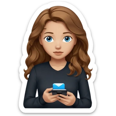 generate a pretty woman with blue eyes, light skin and medium brown long wavyshiny hair holding a phone she is looking at the phone while looking down at the screen. she is wearing an ALL black long sleeve sticker