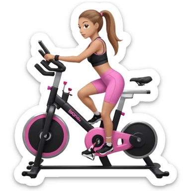 Light skin girl with long light brown hair in a pony tail, black workout set leaning on a indoor spin bike with NO HELMET, can we add a pink sports bra  sticker