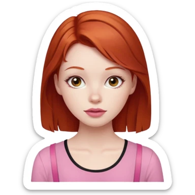 Redhead girl with deep brown eyes, pale skin with light red lips wearing a pink strap shirt sticker