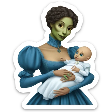  Reptilian alien woman , full body, in victorian blu elegant dress , holds a newborn white humman baby sticker