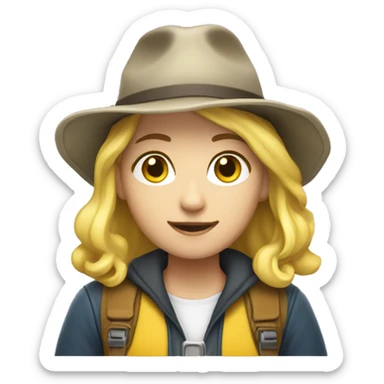 A female college student with white skin and shoulder-length yellow hair wearing an explorer hat. sticker