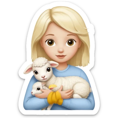 a blonde girl holding a baby lamb sticker