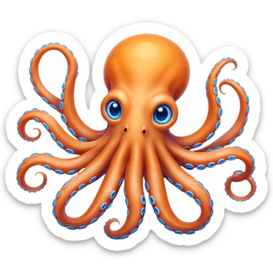 Cinematic Noble Octopus Portrait Emoji, Poised and enchanting, with a light orange body adorned with vibrant blue rings and eight delightfully curling arms with gentle suckers, large sparkling eyes exuding warmth and playfulness, Simplified yet charmingly expressive features, highly detailed, glowing with a soft, magical underwater radiance, high shine, intelligent and irresistibly cute, stylized with an air of whimsical marine enchantment, focused and fluid, soft glowing outline, capturing the essence of a watchful and endearing octopus that appears ready to float out of the screen with delightful charm! sticker