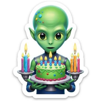 A detailed alien holding a colorful birthday cake with lit candles, standing inside a futuristic spaceship, cinematic lighting, ultra realistic textures, high resolution, dramatic shadows, sci-fi atmosphere
 sticker