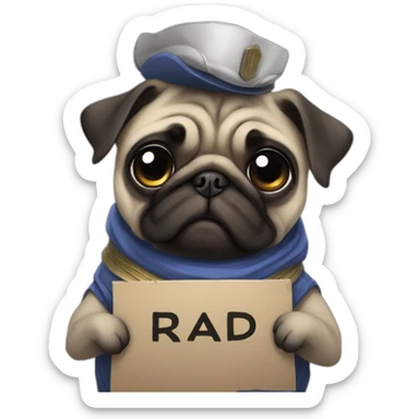 anime pug holding a sign that reads "RAID" in all caps sticker