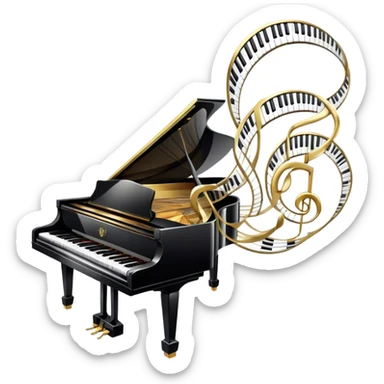 Create an elegant and festive emoji collage representing keyboard instruments, styled like a heraldic emblem. The design should feature a central focal point of black and white piano keys, arranged in a semi-circular or shield-like shape. Around the piano keys, add intertwining musical notes that form flowing ribbons, creating a dynamic and celebratory atmosphere. The design should be professional, with polished silver and gold accents on the keys and notes, highlighting the luxury and sophistication of the instruments. Add subtle shading and lighting effects to give the design a refined, 3D appearance. The background should remain transparent, and the overall feel should evoke grandeur, artistry, and a sense of celebration. sticker