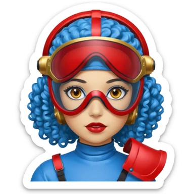 blue curly haired girl with huge earrings, wearing red paintball helmet and eye protection, only face  sticker