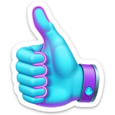 futuristic glowing thumbs up, neon purple and cyan light, dark background, digital tech style sticker