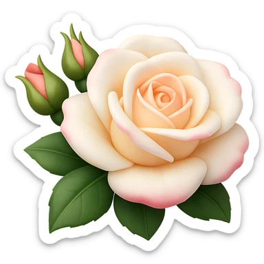 Create a square 3D illustration of a white and pink rose with buds and leaves in the style of iOS Apple emoji, featuring voluminous petals, on a transparent background. The style should mimic the detailed and polished look of Apple emojis with a 3D effect. sticker