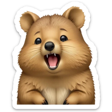 Cinematic Cute Yawning Quokka Portrait Emoji, Head tilted slightly with a dramatic, wide-open yawn, showcasing a soft, downy brown fur with a slightly droopy expression and eyes barely open in drowsy contentment, Simplified yet irresistibly adorable features, highly detailed, glowing with a soft, cozy glow, high shine, relaxed yet expressive, stylized with a touch of playful charm, bright and endearing, soft glowing outline, capturing the essence of a sleepy yet affectionate quokka, so drowsy it feels like it could stretch out of the screen and curl up for a nap! sticker