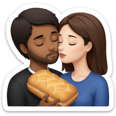 White woman with brown hair with eyes closed kissing forehead of brown man with black hair and a bread with eyes also closed sticker