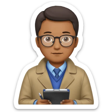 Middle-aged asian male vet – glasses, coat, writing notes on clipboard. sticker