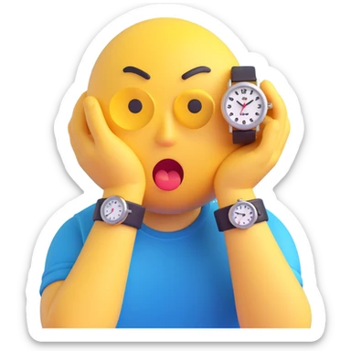 A yellow emoji face with a worried expression, looking at a wristwatch with raised eyebrows, showing urgency and stress sticker
