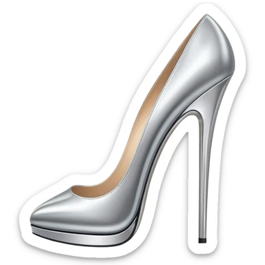 A pair of high heel shoes emoji made of polished silver chrome, elegant sharp silhouette, smooth metallic surface, glossy reflections, luxury sexy vibe, minimalistic iOS emoji style, centered, clean white background sticker