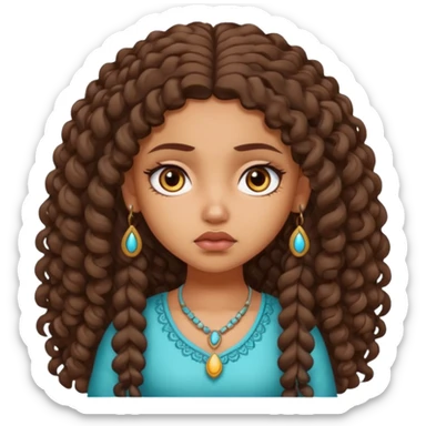 a tan pretty bratz indian girl with curly long brunette hair, looking sad sticker